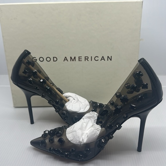 BN IN BOX Good American Light smoke Jeweled Emma Heels Sz 4 - Picture 3 of 9